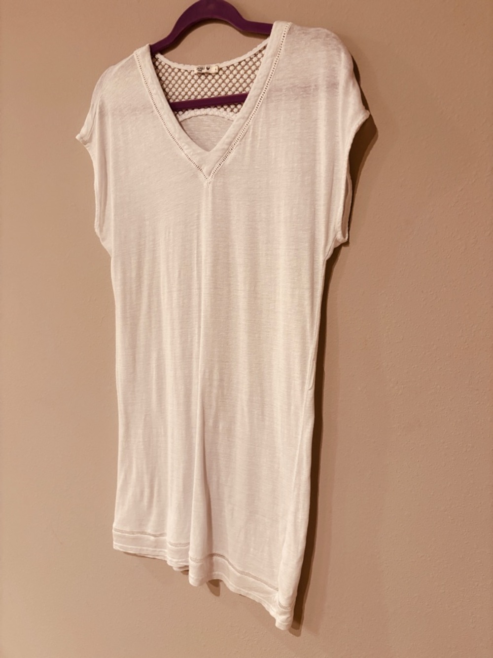ORFEO PARIS V-Neck White Linen Tunic Top Mesh Back Detail Soft Comfy Feminine